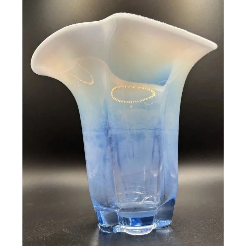 Duncan & Miller CANTERBURY #115 Blue Opalescent Glass Crimped Vase  5” tall